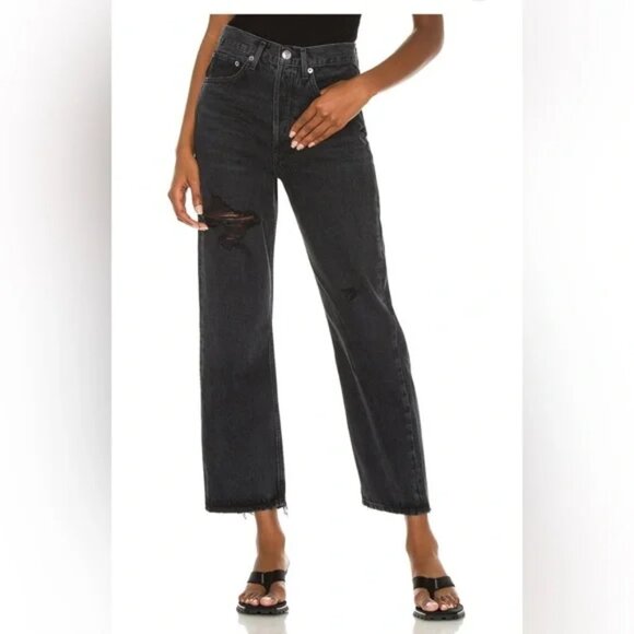 Agolde 90s Crop Straight Leg Jeans Shutter Distressed Washed Black 25
